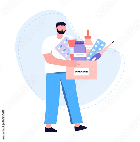Male volunteer. Man carries medicines in cardboard box. Character with medicines for donations. Concept charitable help and support. Social support for poor. Flat vector isolated illustration.