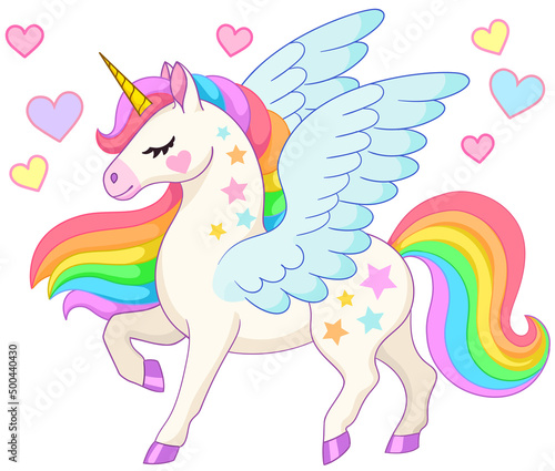 Cute unicorn with rainbow mane. Vector illustration isolated