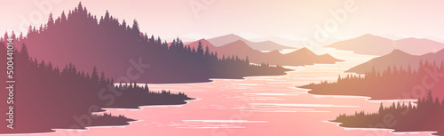 Sunrise and sunset over mountains and lakes.
