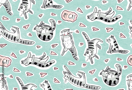 Seamless pattern - funny cartoon kittens