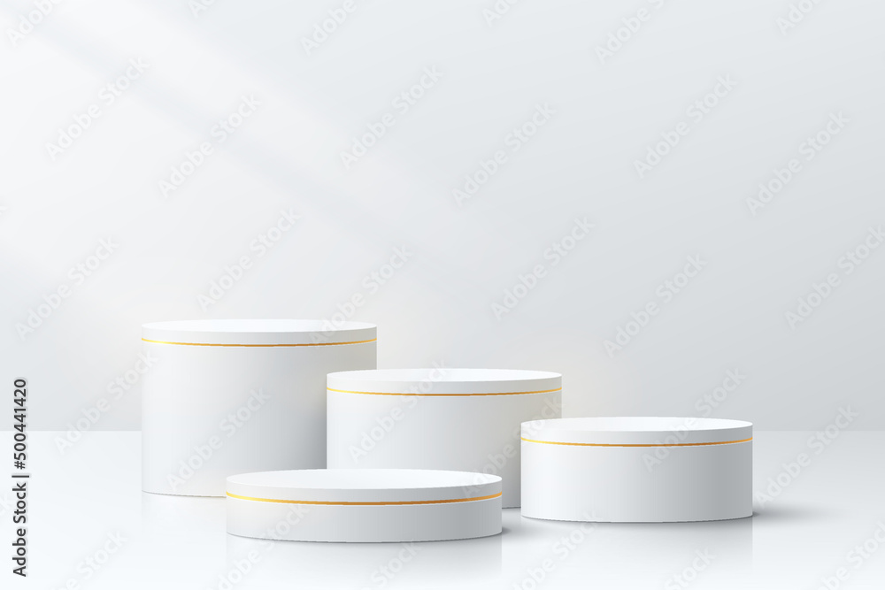 Realistic white and golden 3D cylinder pedestal podium set in clean ...