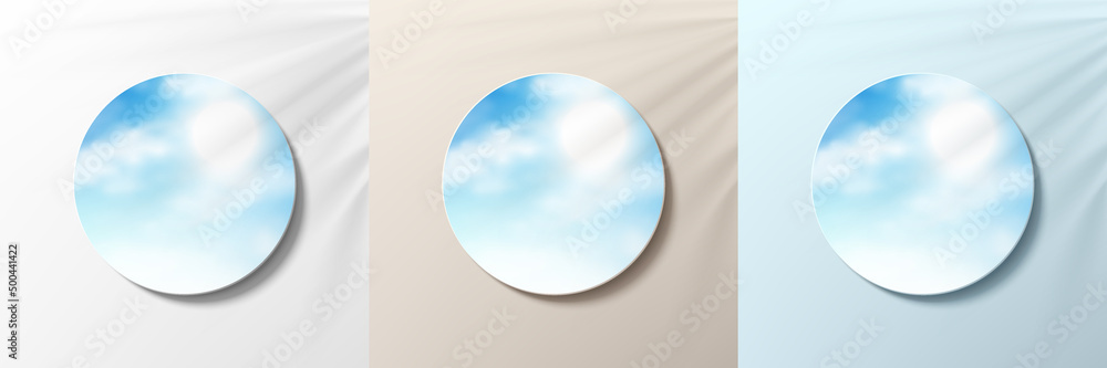Set of 3d blue, beige and white color with blue sky in circle frame. Background minimal style. Collection of trendy color geometric background with copy space. Top view scene of podium. Vector EPS10