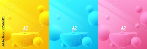 Set of realistic 3d yellow, blue and pink podium floating in abstract room with sphere ball flying. Vector geometric forms. Minimal scene for mockup products stage for showcase, Promotion display.