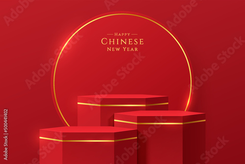 Realistic red, gold 3D hexagon stand or podium set with golden circle ring scene. Minimal scene for chinese new year. Stage showcase, Promotion products display. Vector abstract room, geometric forms.