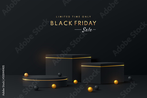 Realistic black, golden 3D cube and cylinder pedestal podium set in dark abstract room. Minimal scene for black friday sale, Mockup products, Stage showcase, promotion display. Vector geometric forms.