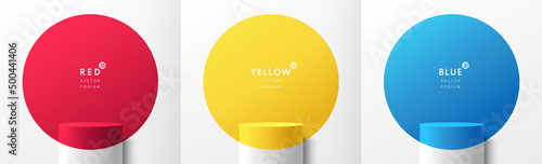 Set of red, yellow, blue and white realistic 3D cylinder stand or podium with colorful circles scene. Abstract minimal scene for products showcase, Stage promotion display. Vector geometric forms.