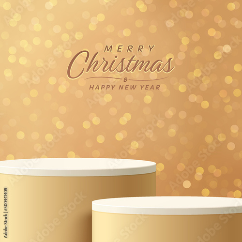 Realistic cream and white 3D stand podium with merry christmas luxury golden festival bokeh scene. Gold and yellow bokeh lights background. Blurred abstract bokeh. Holiday glowing lights with sparkles