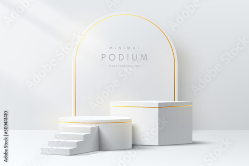 Realistic white and golden 3D cube and cylinder pedestal podium set in clean abstract room. Luxury minimal scene for mockup products stage showcase, promotion display. Vector geometric forms design.