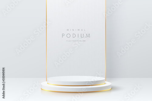 Realistic white and gold cylinder pedestal podium with vertical pattern background. Vector abstract studio room with 3D geometric forms. Luxury minimal scene for products showcase, Promotion display.