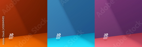 Set of trendy color 3D abstract room in shadow. Realistic blue, pink, purple and orange background for product display. Minimal wall scene for mockup products ,Stage for showcase, Promotion display.