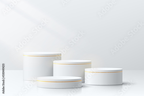 Realistic white and golden 3D cylinder pedestal podium set in clean abstract room. Luxury minimal wall scene for mockup products, Stage for showcase, promotion display. Vector geometric forms design.
