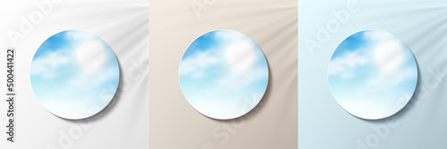 Set of 3d blue  beige and white color with blue sky in circle frame. Background minimal style. Collection of trendy color geometric background with copy space. Top view scene of podium. Vector EPS10