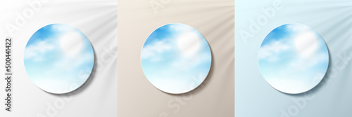Set of 3d blue, beige and white color with blue sky in circle frame. Background minimal style. Collection of trendy color geometric background with copy space. Top view scene of podium. Vector EPS10