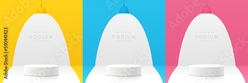 Set of pink, yellow, blue and white realistic 3d cylinder pedestal podium in pastel abstract room. Vector geometric forms. Minimal wall scene for products stage for showcase, Promotion mockup display.