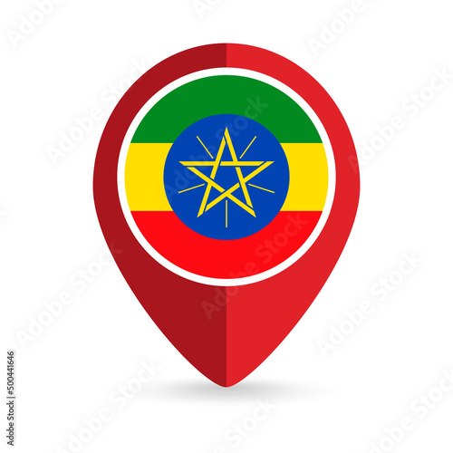 Map pointer with contry Ethiopia. Ethiopia flag. Vector illustration.