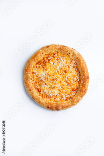 Homemade pizza with cheese. On a white background.