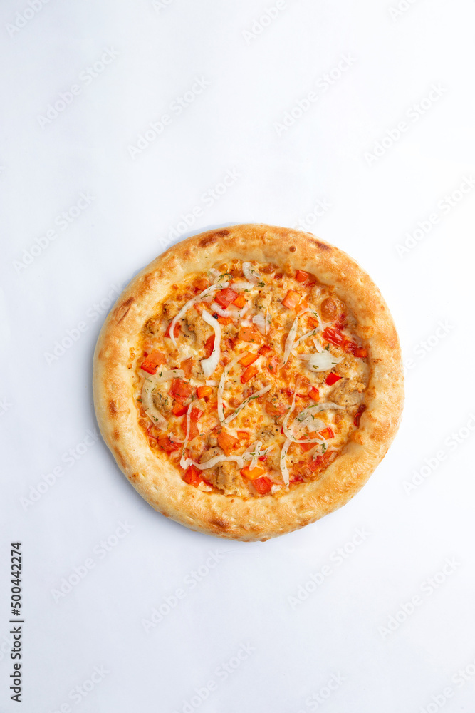 Homemade pizza with cheese and sweet peppers. On a white background.