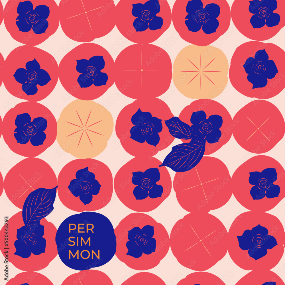 Obraz premium Seamless pattern. Colorful fruit pattern of fresh whole and sliced persimmon fruits. Vector illustration