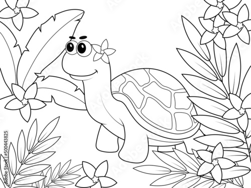 Turtle in exotic forest. Children coloring book.