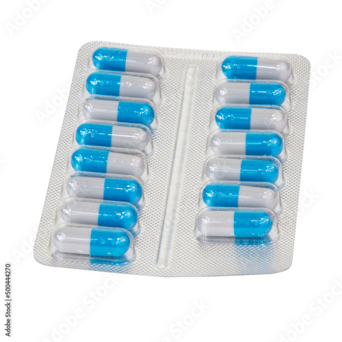 Medical pills blue in blister isolated on the white background