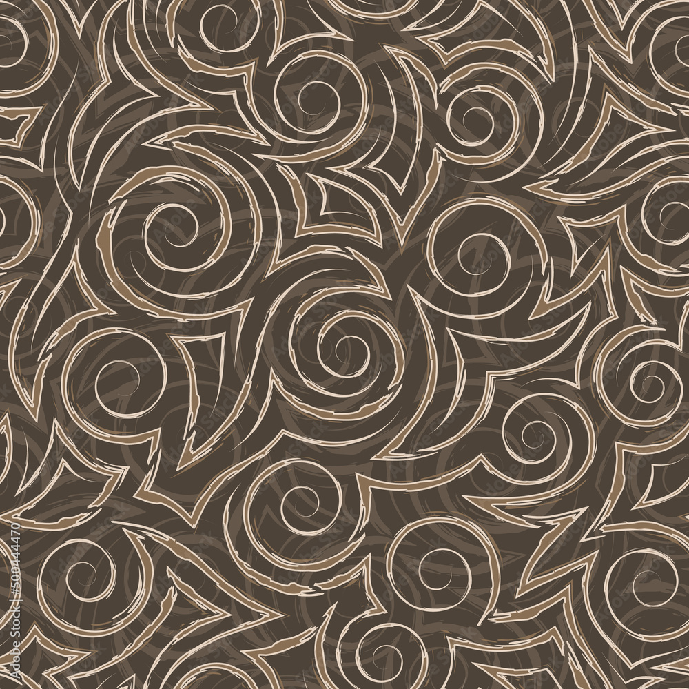 Stock vector seamless pattern of beige spirals and flowing torn stripes.Vector seamless pattern of beige spiral waves and swirls.