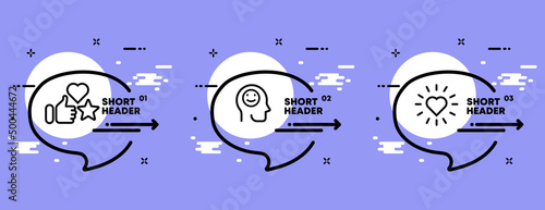 Funny mood. Thump up, happy face, love, hearth. Good feeling concept. Infographic timeline with icons and 3 steps. Vector line icon for Business and Advertising