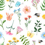 Watercolor floral seamless pattern with pretty wildflowers and grass on white background. Blooming meadow print with flowers, bees and butterflies. Natural wallpaper.