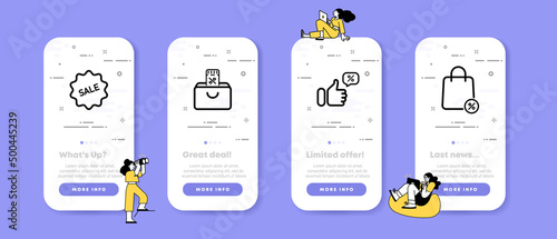 Fees and sale icon set. Sale, discount, thumb up, order, fees with sale in percent. Shopping concept. UI phone app screens with people. Vector line icon for Business and Advertising