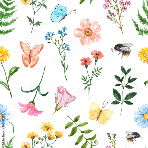 Watercolor floral seamless pattern with pretty wildflowers and grass on white background. Blooming meadow print with flowers, bees and butterflies. Natural wallpaper.