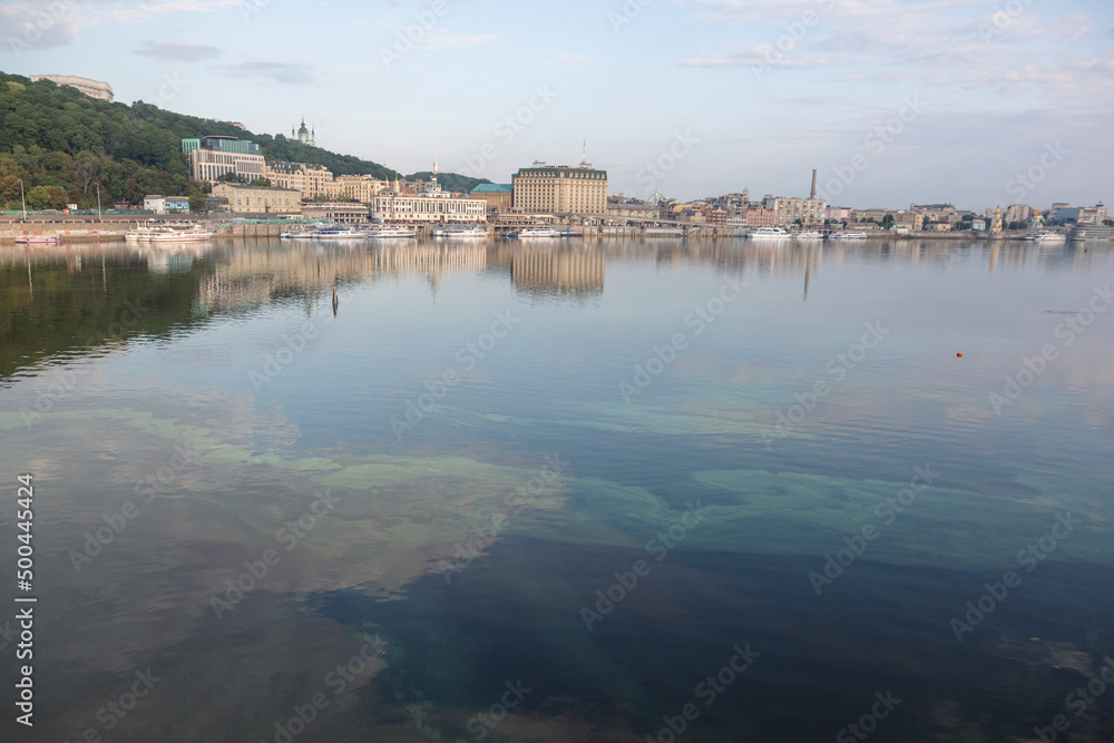 Fototapeta premium KYIV, UKRAINE - July 21 2019: peaceful sunrise in the morning on the Podil street in Kyiv, Ukraine