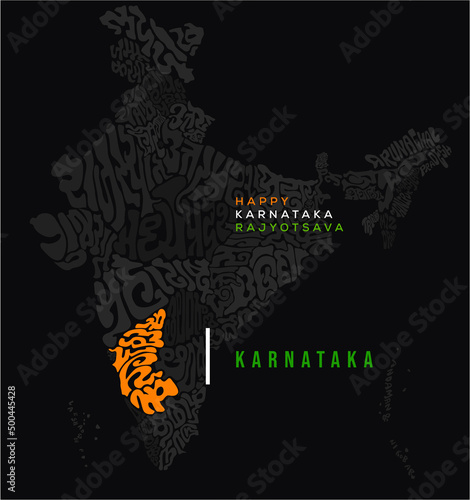 Happy Karnataka Rajotsava. Karnataka map typography in Kannada script and indian map states with theirs languages typography. photo