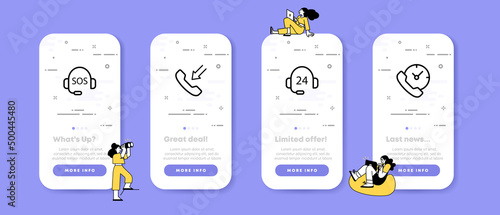 Communications set icon. Headphones, hotline, service center, 24 7 help, communication. Phone connection concept. UI phone app screens with people. Vector line icon for Business and Advertising