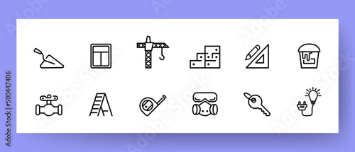 Construction set icon. Shovel, window, spatula, crane, key, electricity, pipes, tape measure, ladder, respirator. Vector line icon for Business and Advertising