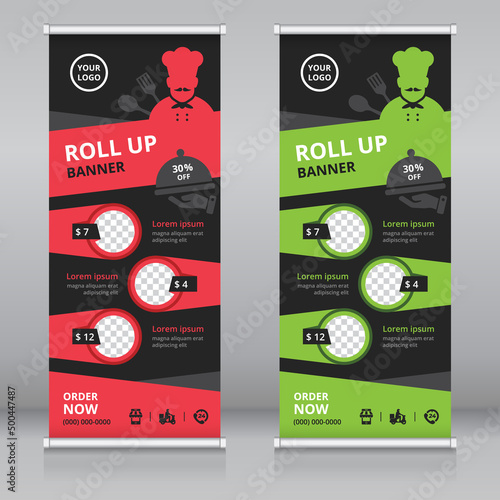 Modern roll up banner template for restaurants and hotels. standee or x-banner template, flag banner, vertical signboard, vertical billboard template