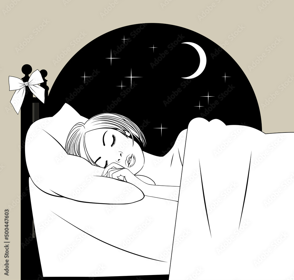 Linear black and white drawing of the head of a sleeping blonde girl In ...
