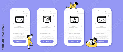Work on the Internet set icon. Speedtest, seo, setup, back and forth arrow. Online concept. UI phone app screens with people. Vector line icon for Business and Advertising