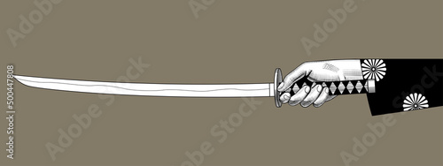 Engraved vintage drawing of a Hand holding an Japanese sword katana