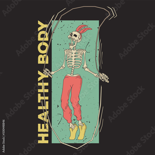 Retro illustration of skeleton doing skipping jump