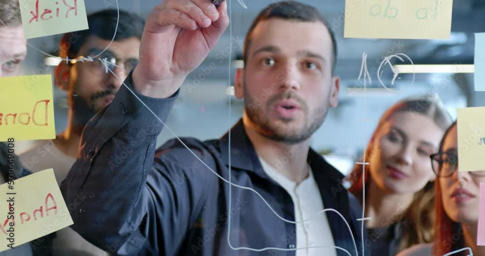 Team of startup project standing in front of board with tasks and to-do ...