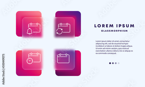 Date management set icon. Calendar, reminders, alarm clock, view scheduled events. Calendar concept. Glassmorphism style. Vector line icon for Business and Advertising