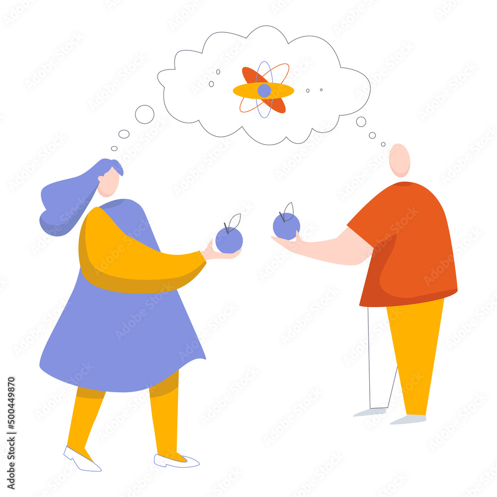 Woman and man person keep apple, physics exchange of ideas concept. Vector illustration Woman and man person keep apple, physics exchange of ideas concept. Vector illustration