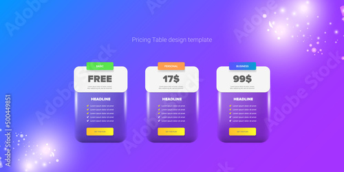 Price table concept vector design template. Pricing or subscription plan ui web elements. Website marketing and promotion landing page template. Product card UI vector illustration