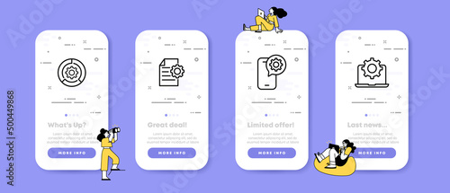 Setting set icon. Phone setup, phone setup, file setup, gear. Setup concept. UI phone app screens with people. Vector line icon for Business and Advertising