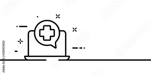 Health line icon. Help and advice from a doctor online. Computer with medical plus sign. Health care concept. One line style. Vector line icon for Business and Advertising