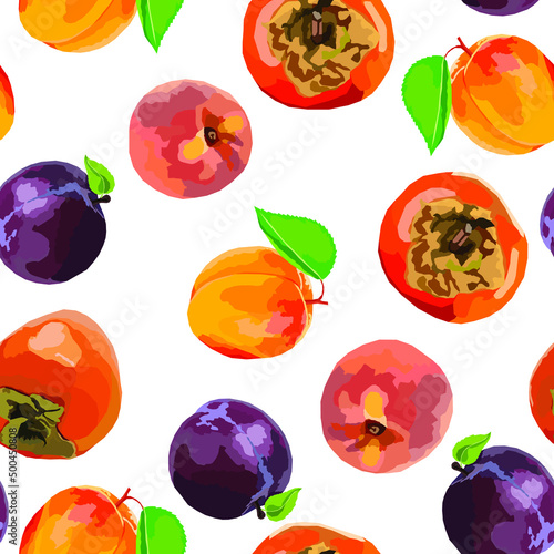 Vector seamless pattern with persimmon, apricot, peach and plum fruits