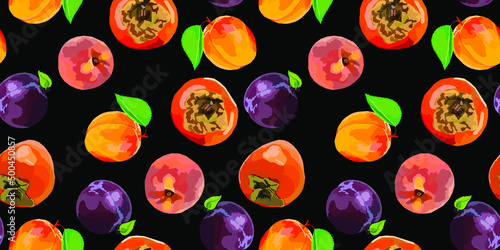 Vector seamless pattern with persimmon, apricot, peach and plum fruits