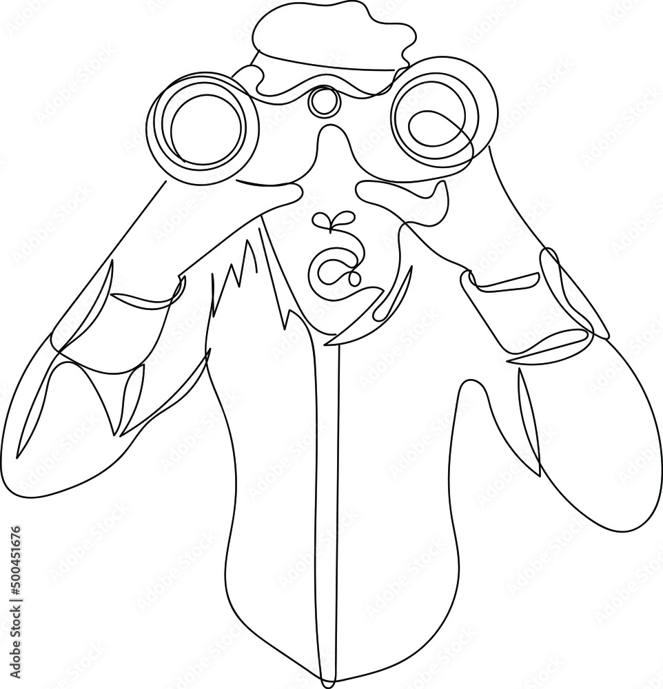outline sketch drawing of young man looking through binoculars, Man