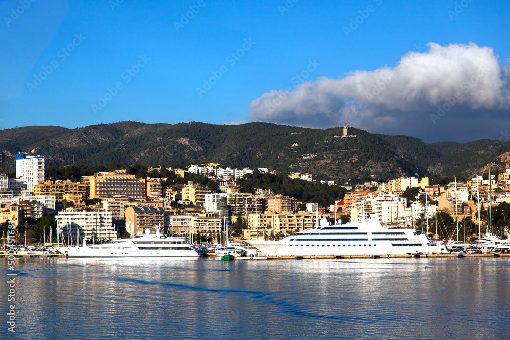 Fototapeta premium Bay on Palma de Mallorca Spain, sea, mountains and yachts.