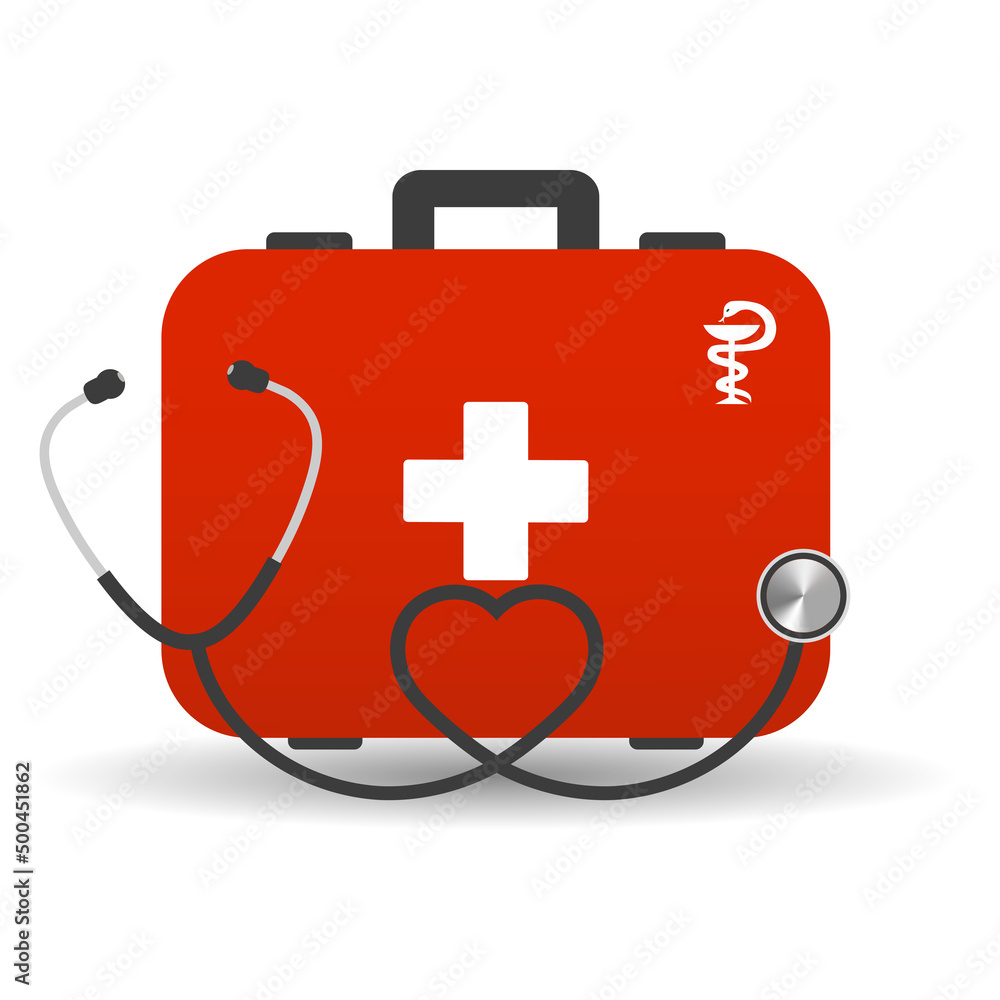 Fototapeta premium Illustration of a red suitcase of a doctor and a stethoscope on a white background with shadow