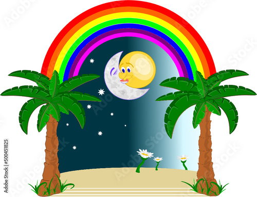 El sol y la luna besándose bajo un arco iris y entre palmeras